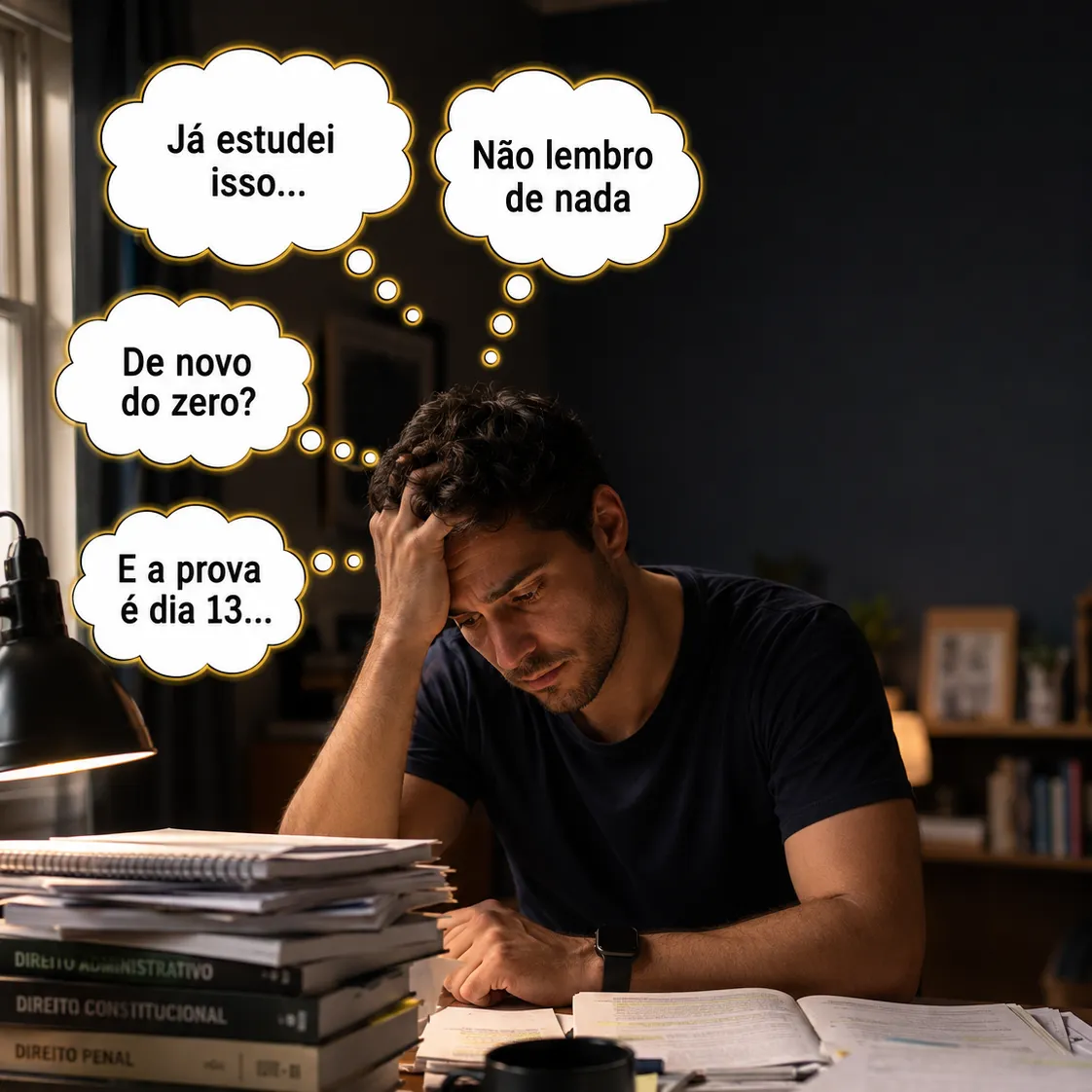 Estudante frustrado, cansado de estudar e esquecer o conteúdo antes da prova
